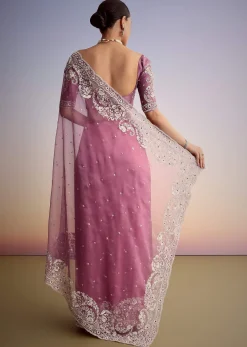 Purple Tissue Embellished Saree With Floral Embroidery All Over
