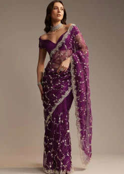 Purple Tissue Saree with Heavy Floral Embroidery