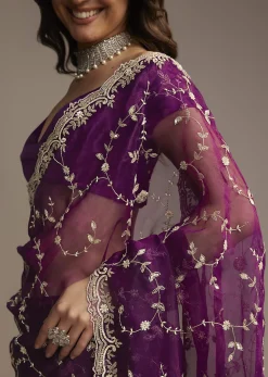 Purple Tissue Saree with Heavy Floral Embroidery