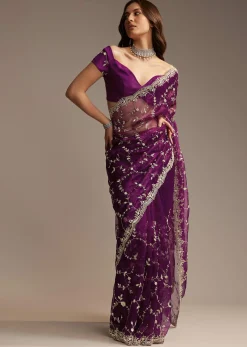 Purple Tissue Saree with Heavy Floral Embroidery