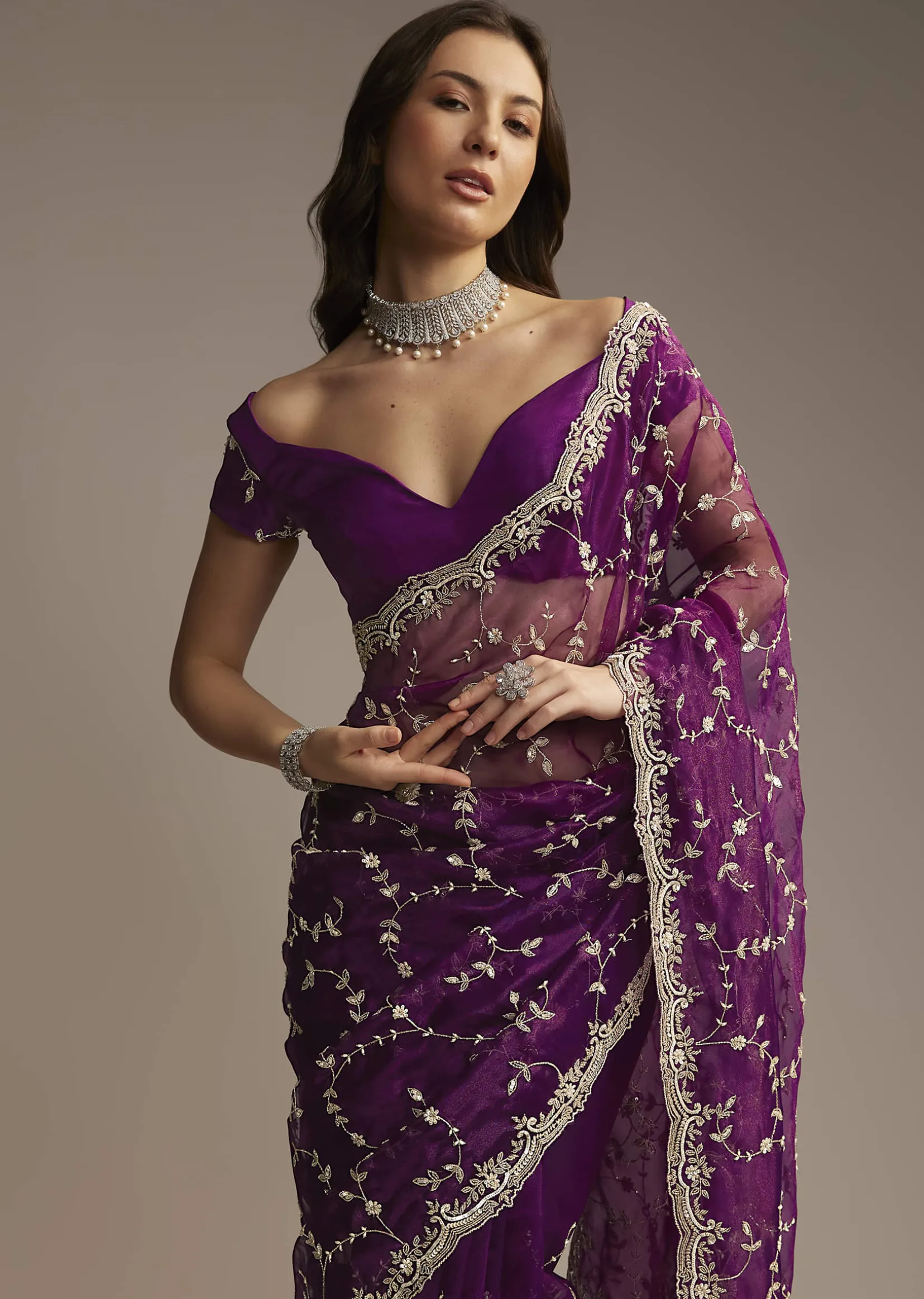 Purple Tissue Saree with Heavy Floral Embroidery