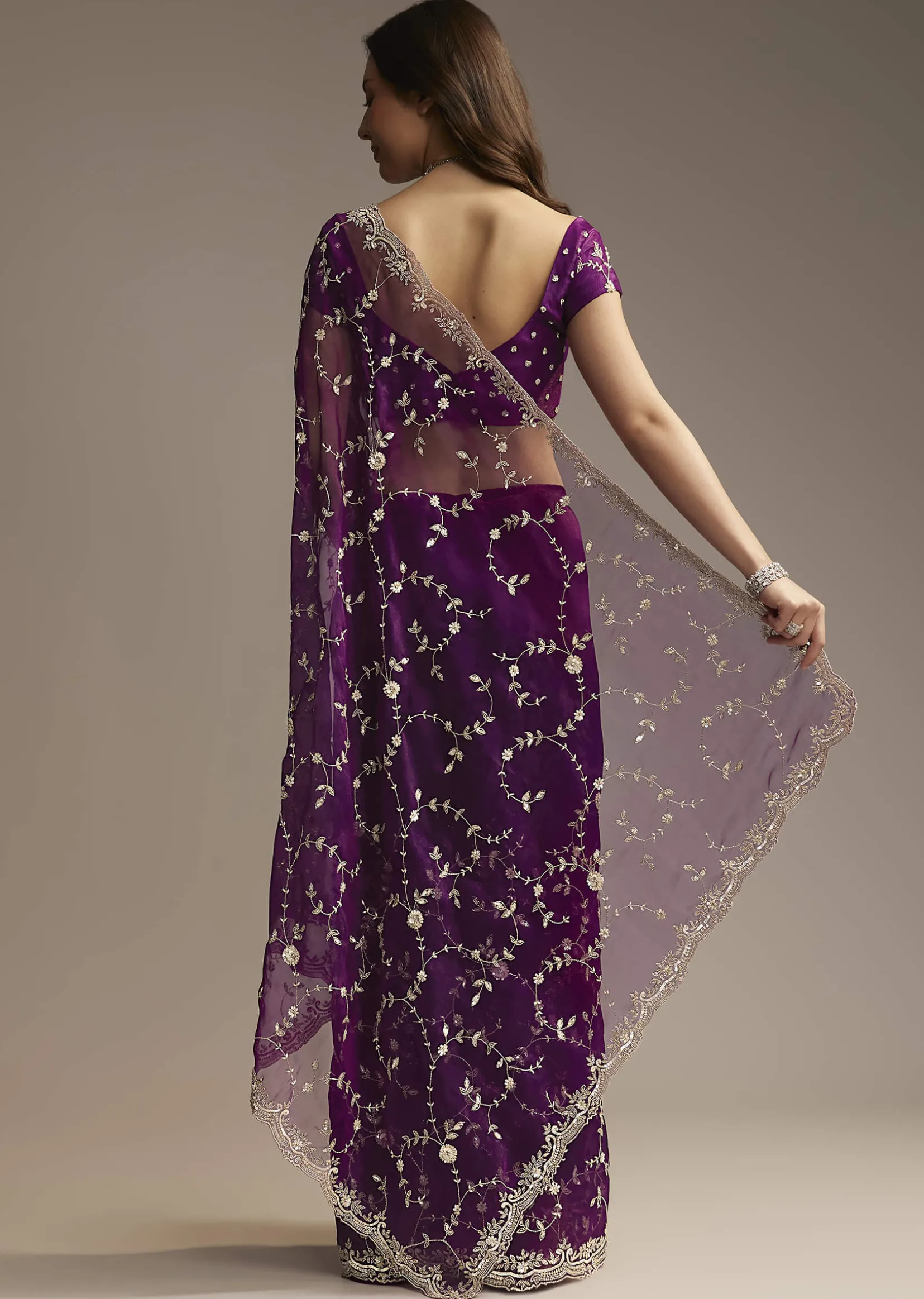 Purple Tissue Saree with Heavy Floral Embroidery