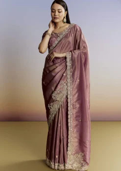 Purple Tissue Saree With Cutdana Sequins And Resham Knot Work