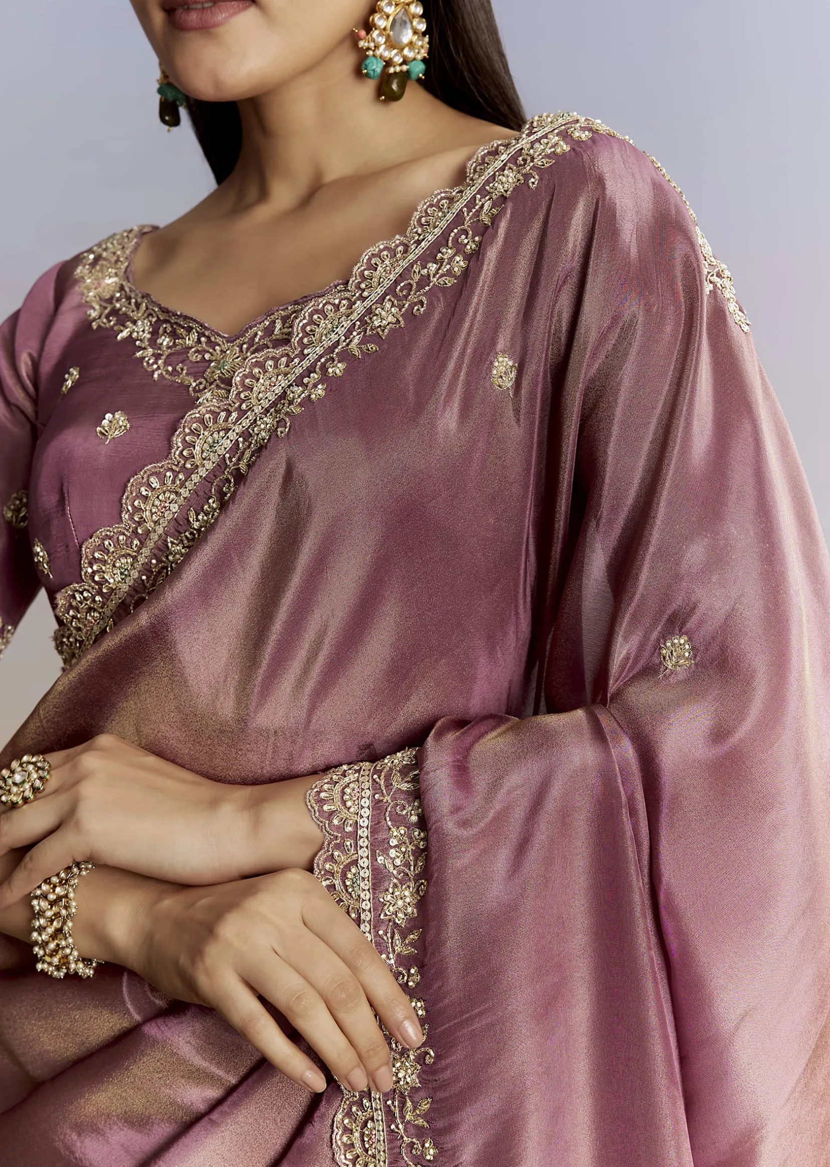 Purple Tissue Saree With Cutdana Sequins And Resham Knot Work