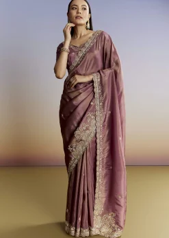 Purple Tissue Saree With Cutdana Sequins And Resham Knot Work