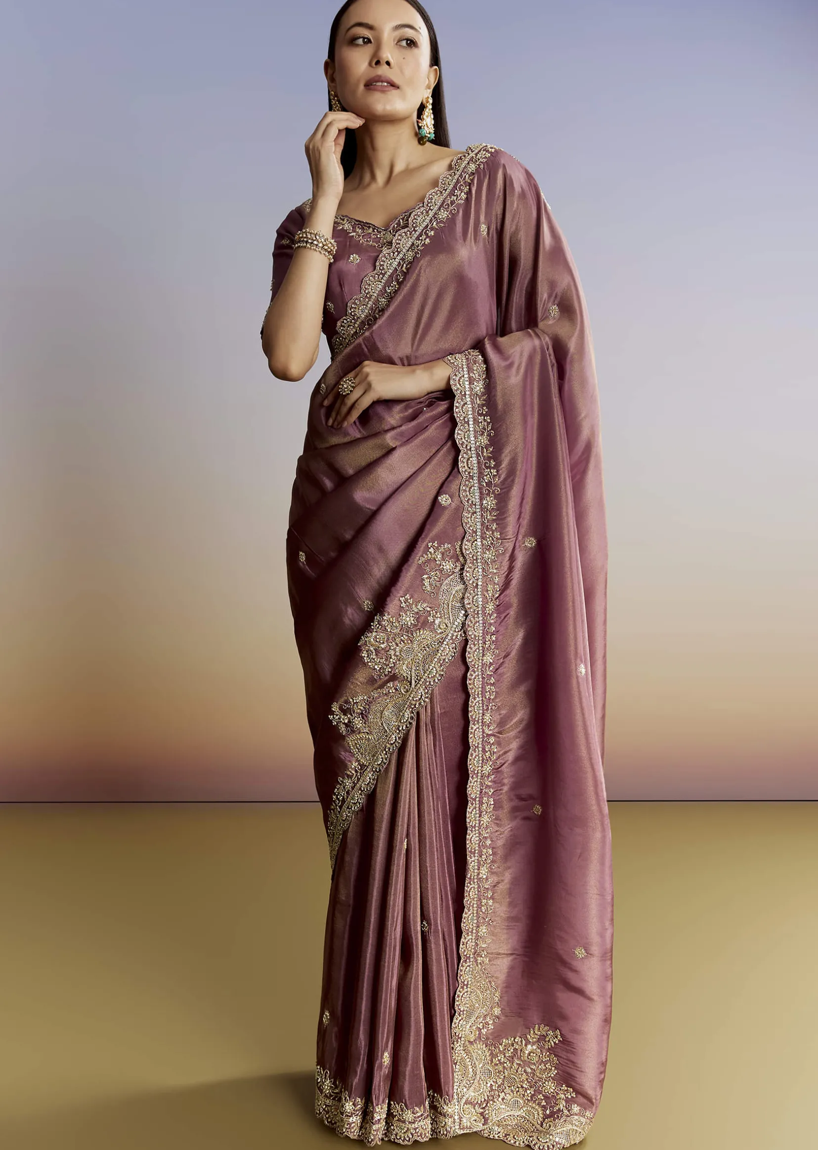 Purple Tissue Saree With Cutdana Sequins And Resham Knot Work