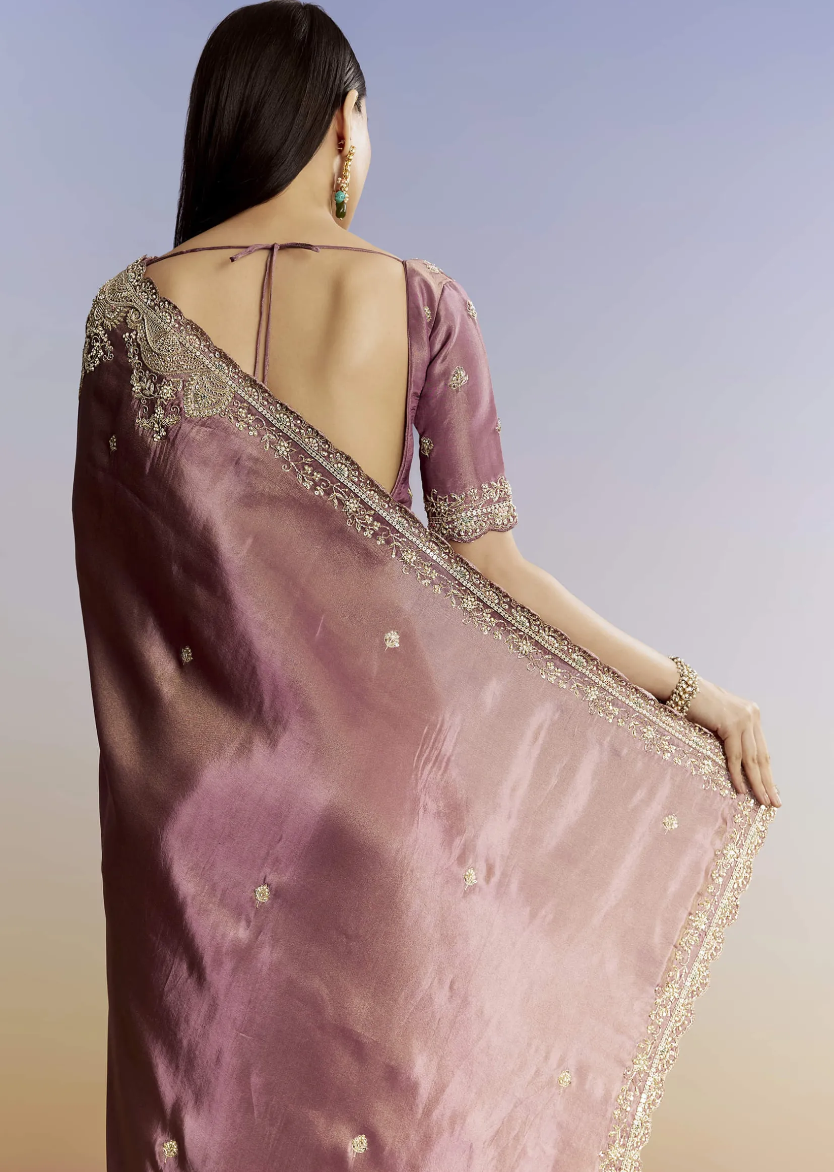 Purple Tissue Saree With Cutdana Sequins And Resham Knot Work