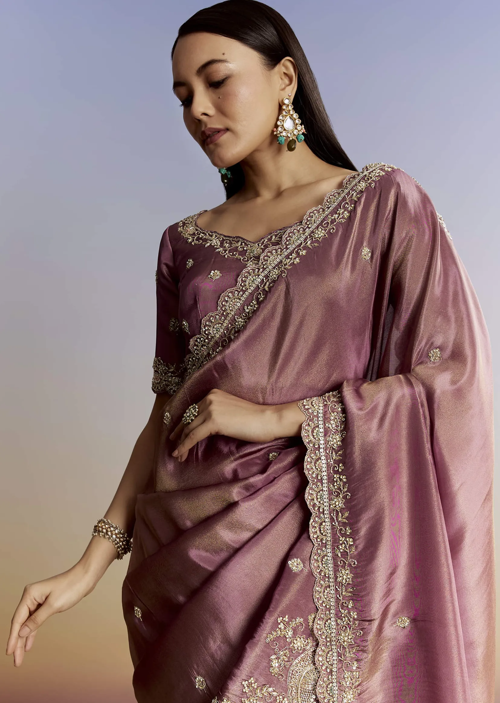 Purple Tissue Saree With Cutdana Sequins And Resham Knot Work