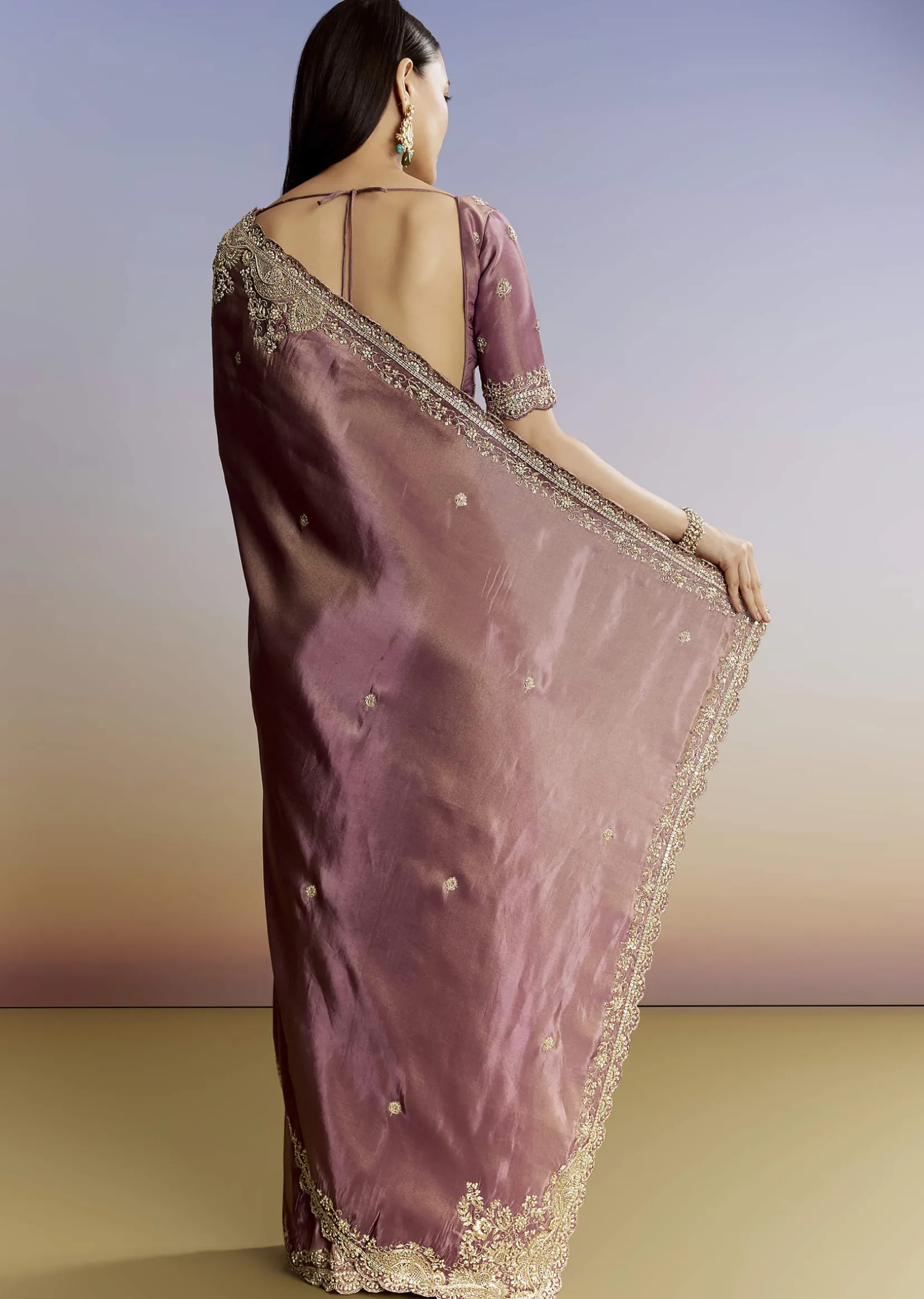 Purple Tissue Saree With Cutdana Sequins And Resham Knot Work