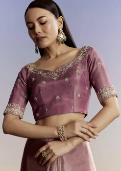 Purple Tissue Saree With Cutdana Sequins And Resham Knot Work