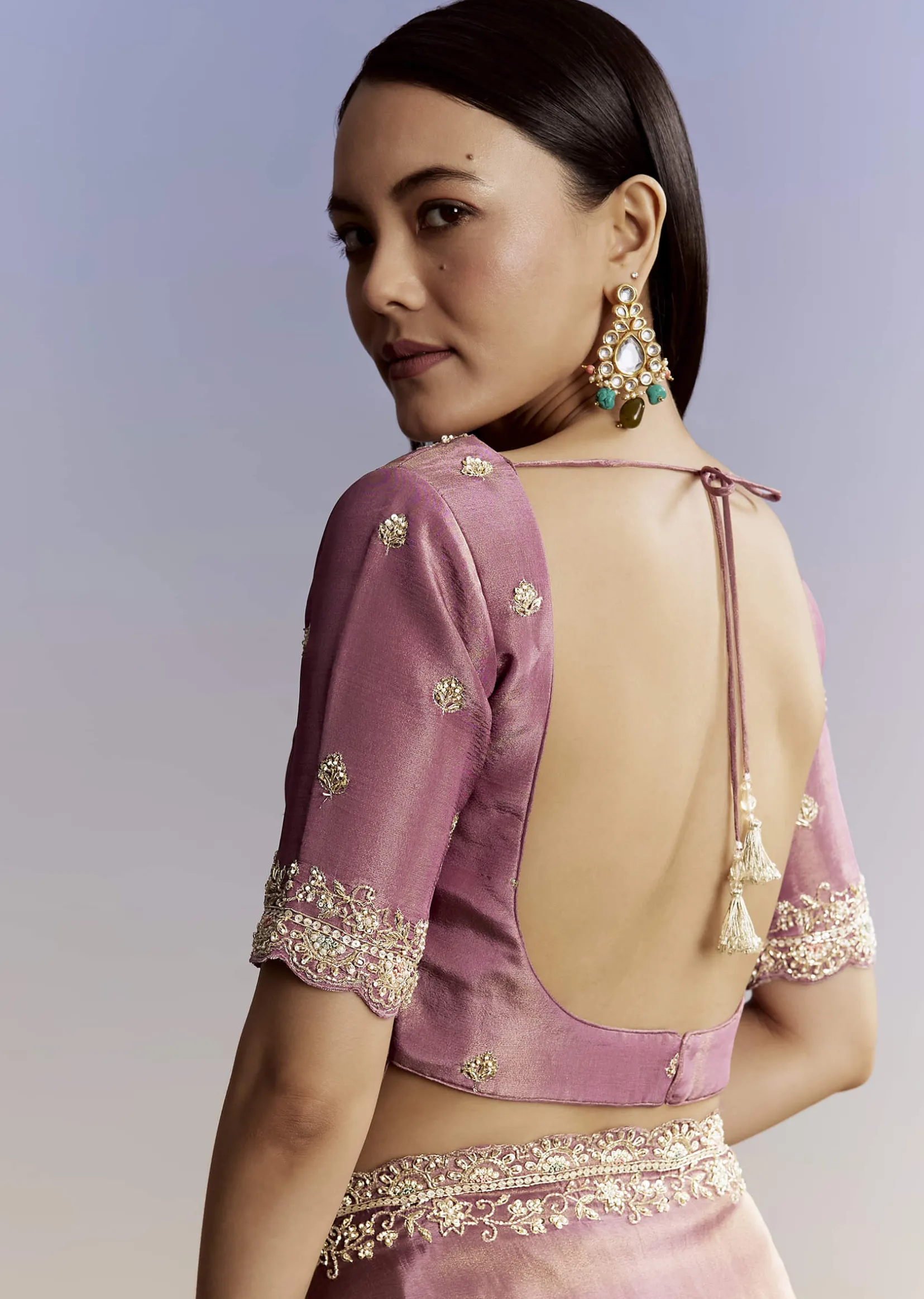Purple Tissue Saree With Cutdana Sequins And Resham Knot Work