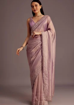 Purple Tissue Saree With Cutdana And Stone Embroidery