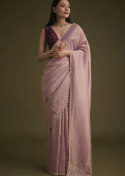 Purple Tissue Sequins Saree With Contrast Blouse