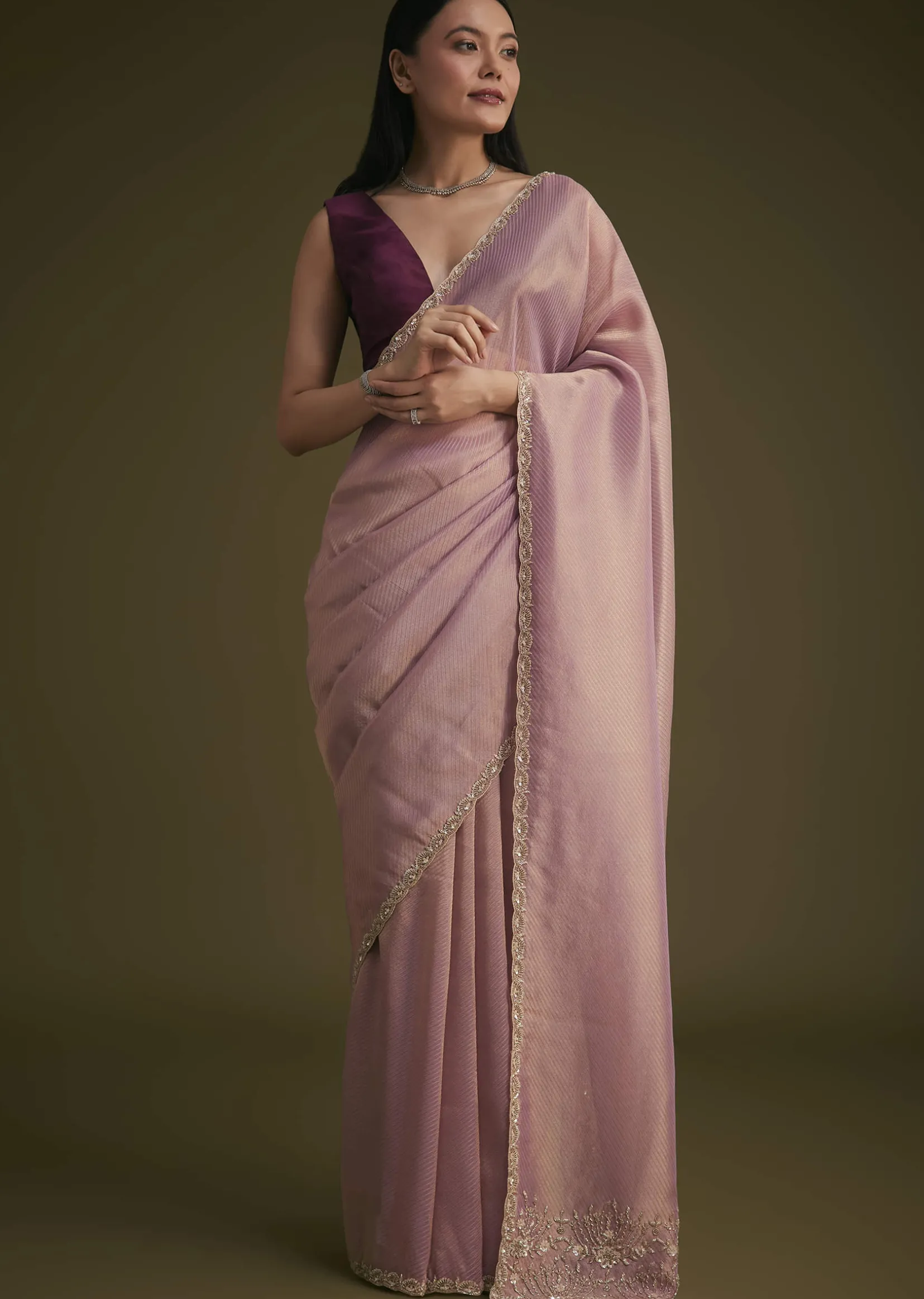 Purple Tissue Sequins Saree With Contrast Blouse