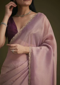 Purple Tissue Sequins Saree With Contrast Blouse