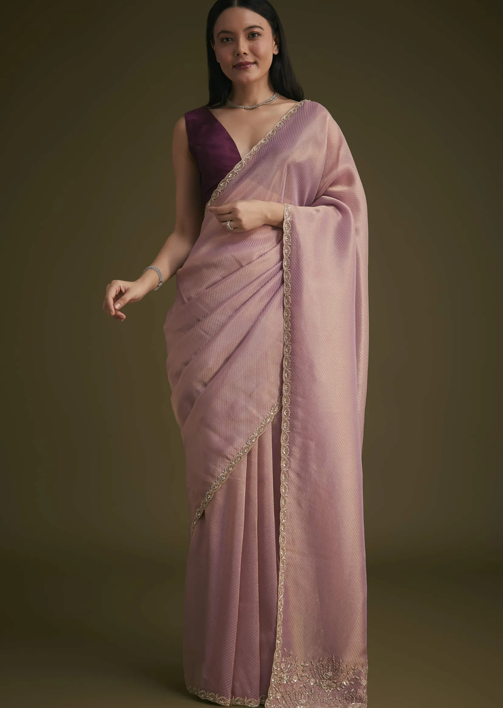 Purple Tissue Sequins Saree With Contrast Blouse