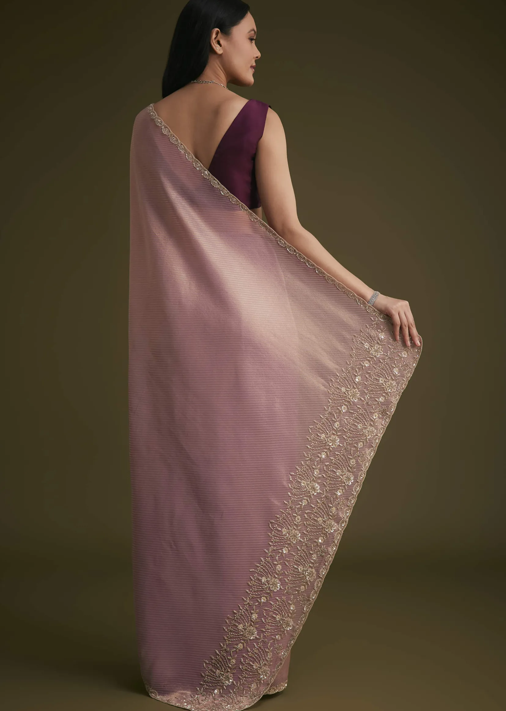 Purple Tissue Sequins Saree With Contrast Blouse