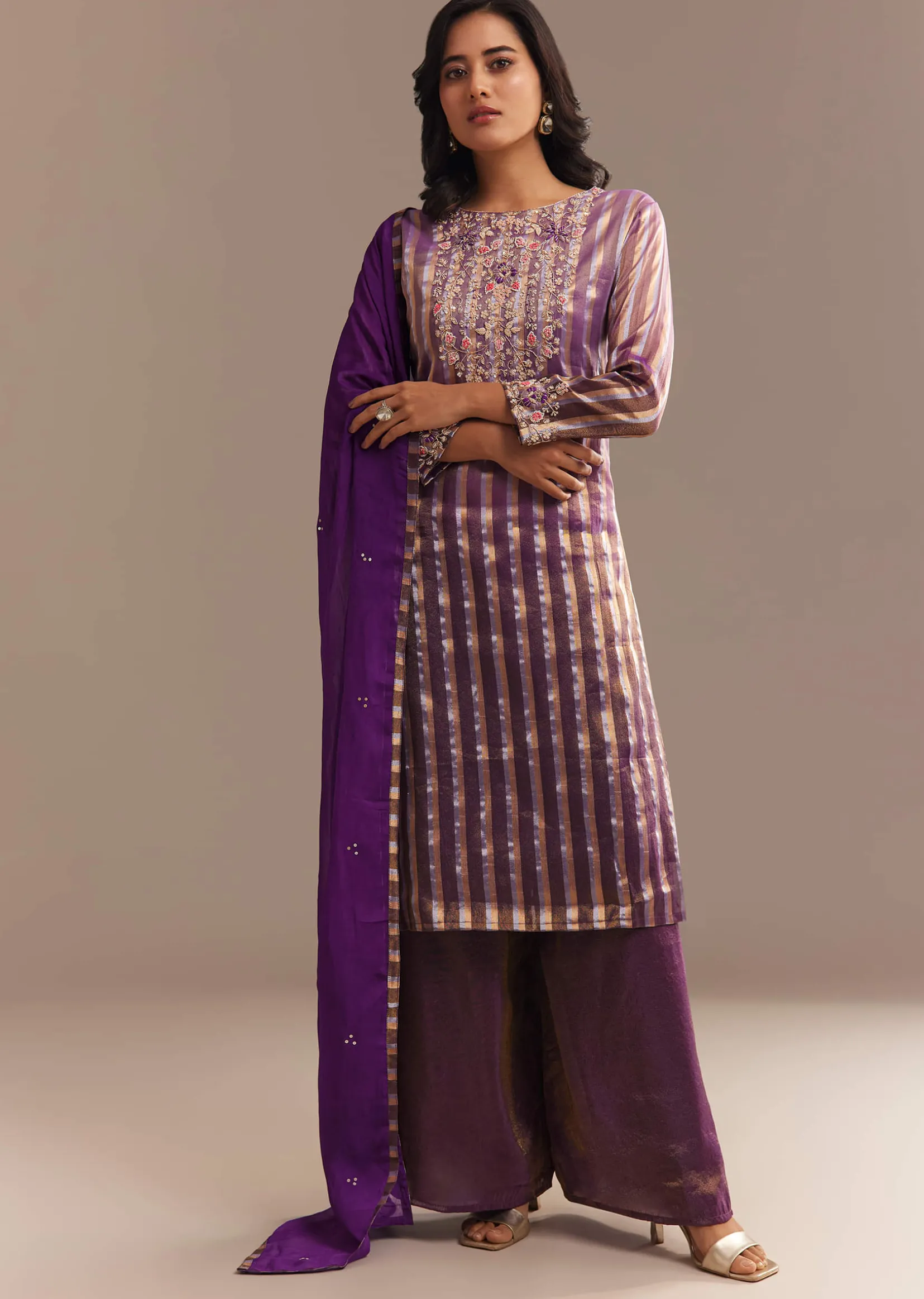 Purple Tissue Zardosi Embroidered Palazzo Set