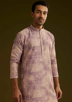 Purple Tree Motif Printed Silk Kurta Set