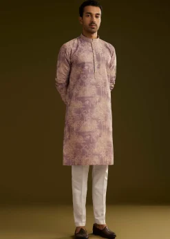 Purple Tree Motif Printed Silk Kurta Set