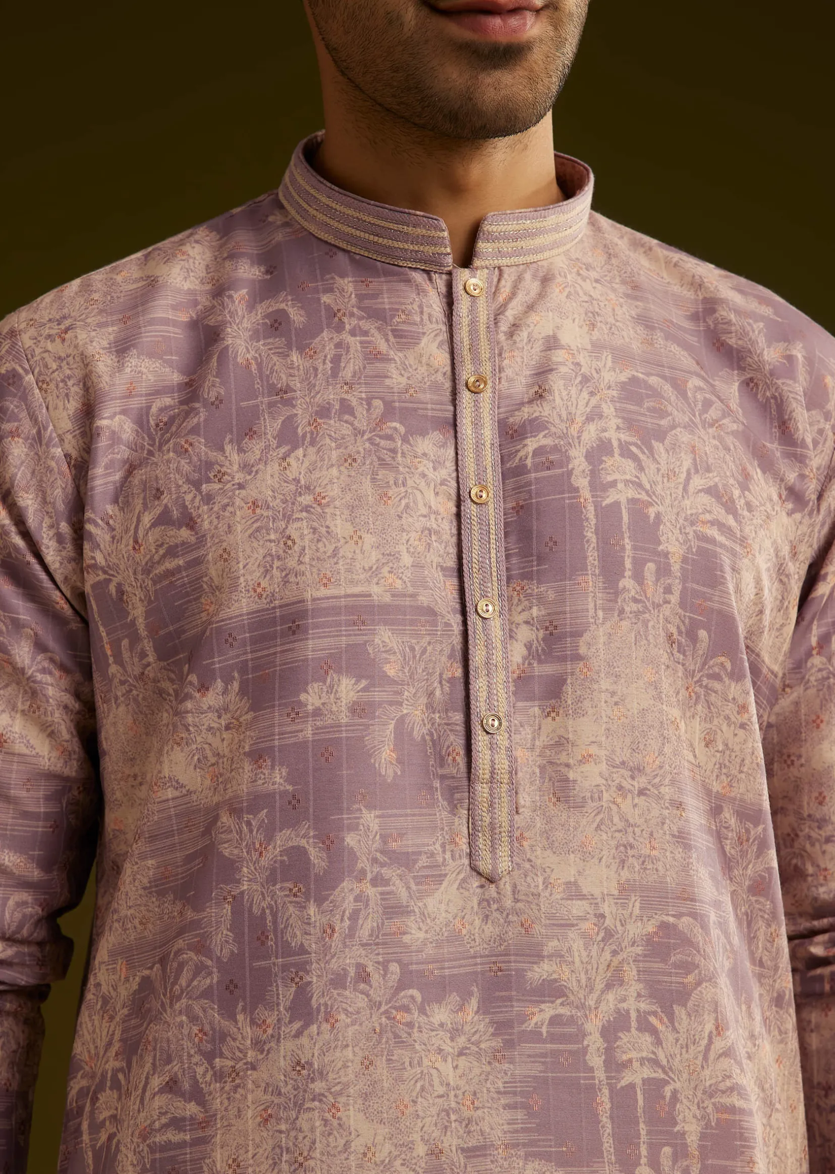 Purple Tree Motif Printed Silk Kurta Set