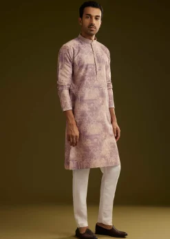 Purple Tree Motif Printed Silk Kurta Set