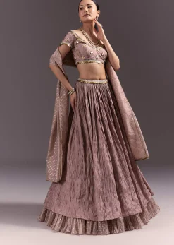 Purple Tussar Lehenga Set With Copper Coin Metal Embroidery