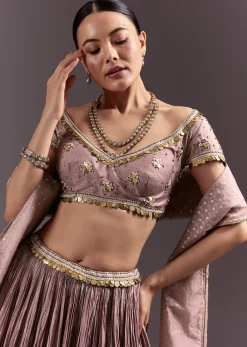 Purple Tussar Lehenga Set With Copper Coin Metal Embroidery