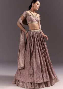 Purple Tussar Lehenga Set With Copper Coin Metal Embroidery
