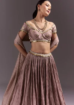 Purple Tussar Lehenga Set With Copper Coin Metal Embroidery