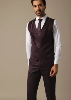 Purple Tuxedo With Intricate Cut Work