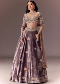 Purple Velvet Lehenga Set With Hand Work Patching