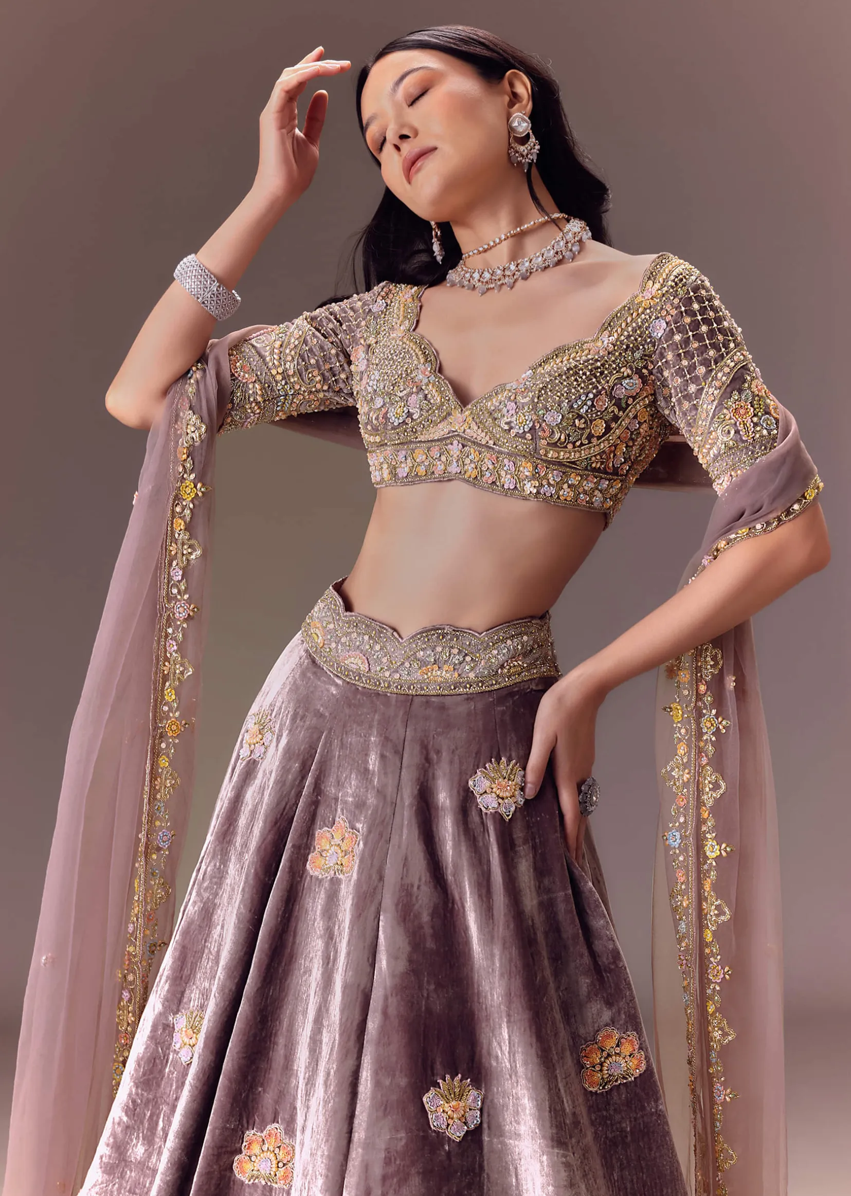 Purple Velvet Lehenga Set With Hand Work Patching