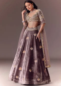 Purple Velvet Lehenga Set With Hand Work Patching