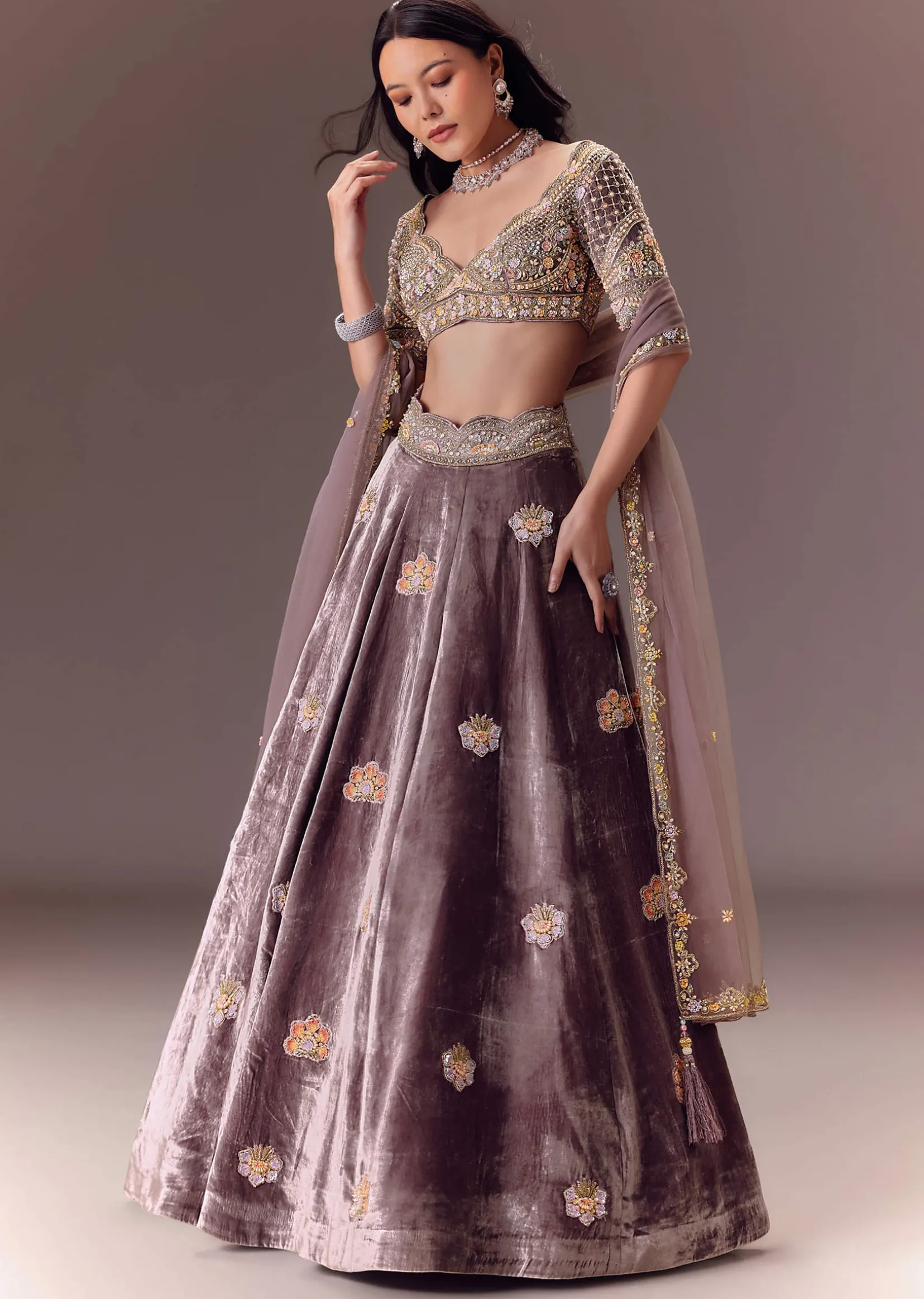Purple Velvet Lehenga Set With Hand Work Patching