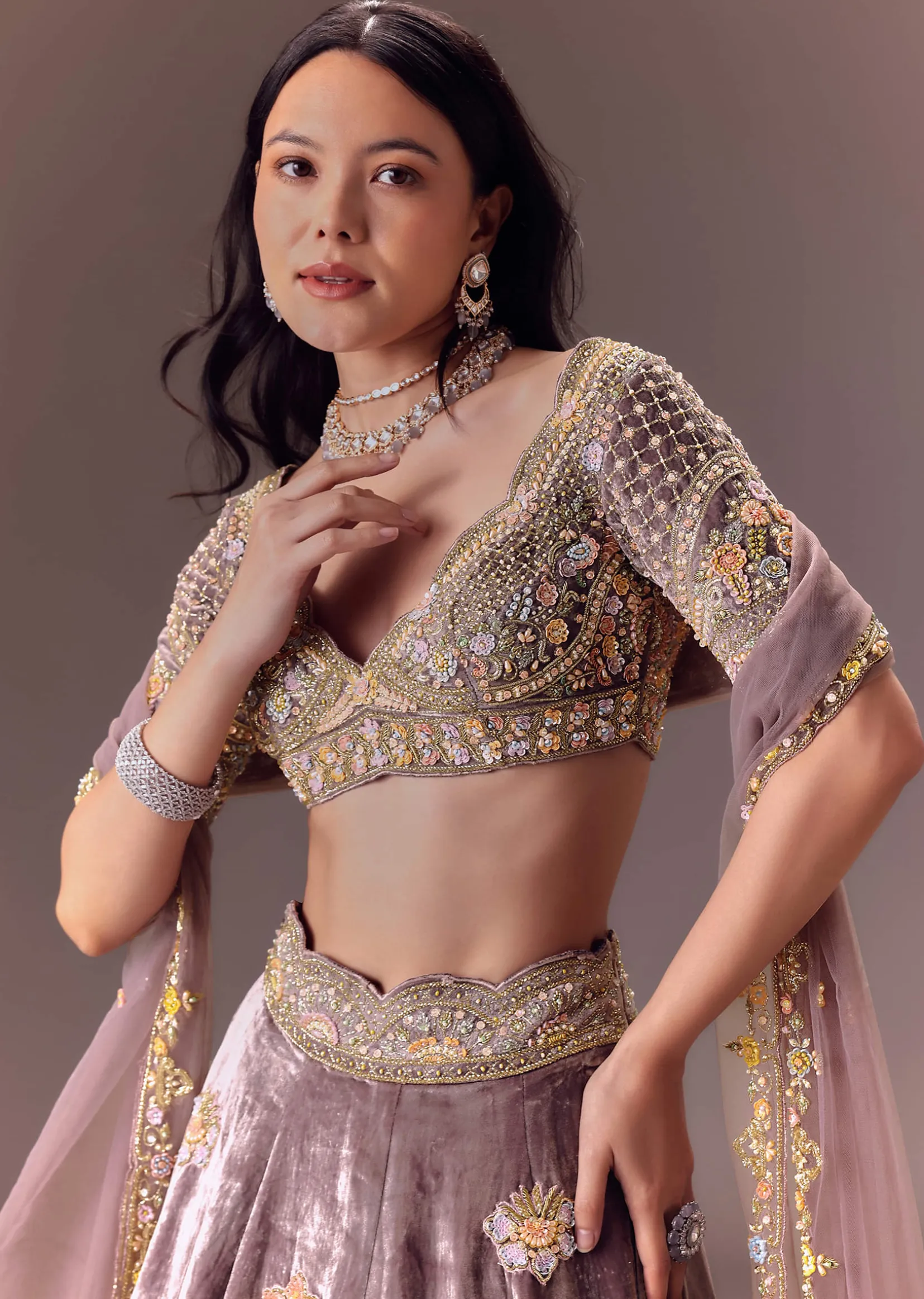 Purple Velvet Lehenga Set With Hand Work Patching