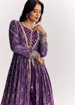 Purple Weave Silk Indowestern Set With Bandhani Print Zari Work Jacket