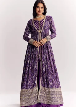 Purple Weave Silk Indowestern Set With Bandhani Print Zari Work Jacket