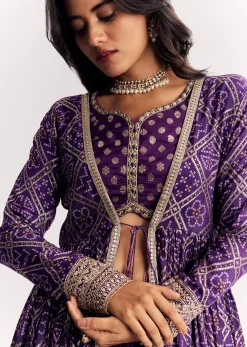 Purple Weave Silk Indowestern Set With Bandhani Print Zari Work Jacket