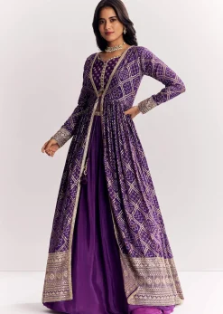 Purple Weave Silk Indowestern Set With Bandhani Print Zari Work Jacket