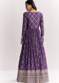 Purple Weave Silk Indowestern Set With Bandhani Print Zari Work Jacket