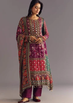 Purple Wine Floral Chinon Kurta Set With Gotta Lace Dupatta