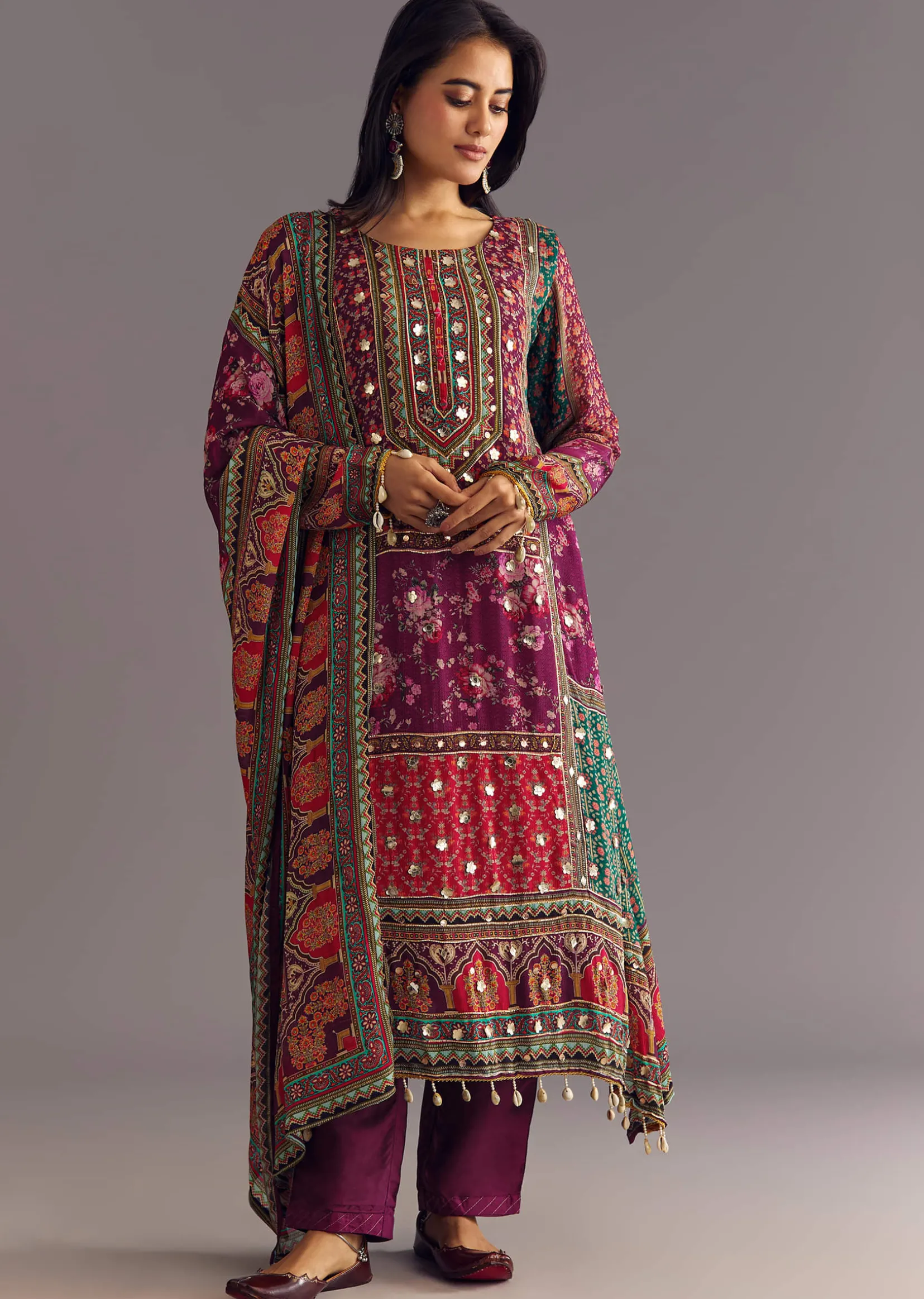Purple Wine Floral Chinon Kurta Set With Gotta Lace Dupatta