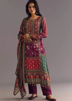 Purple Wine Floral Chinon Kurta Set With Gotta Lace Dupatta