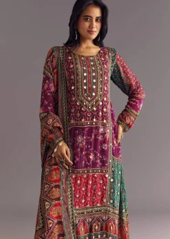 Purple Wine Floral Chinon Kurta Set With Gotta Lace Dupatta