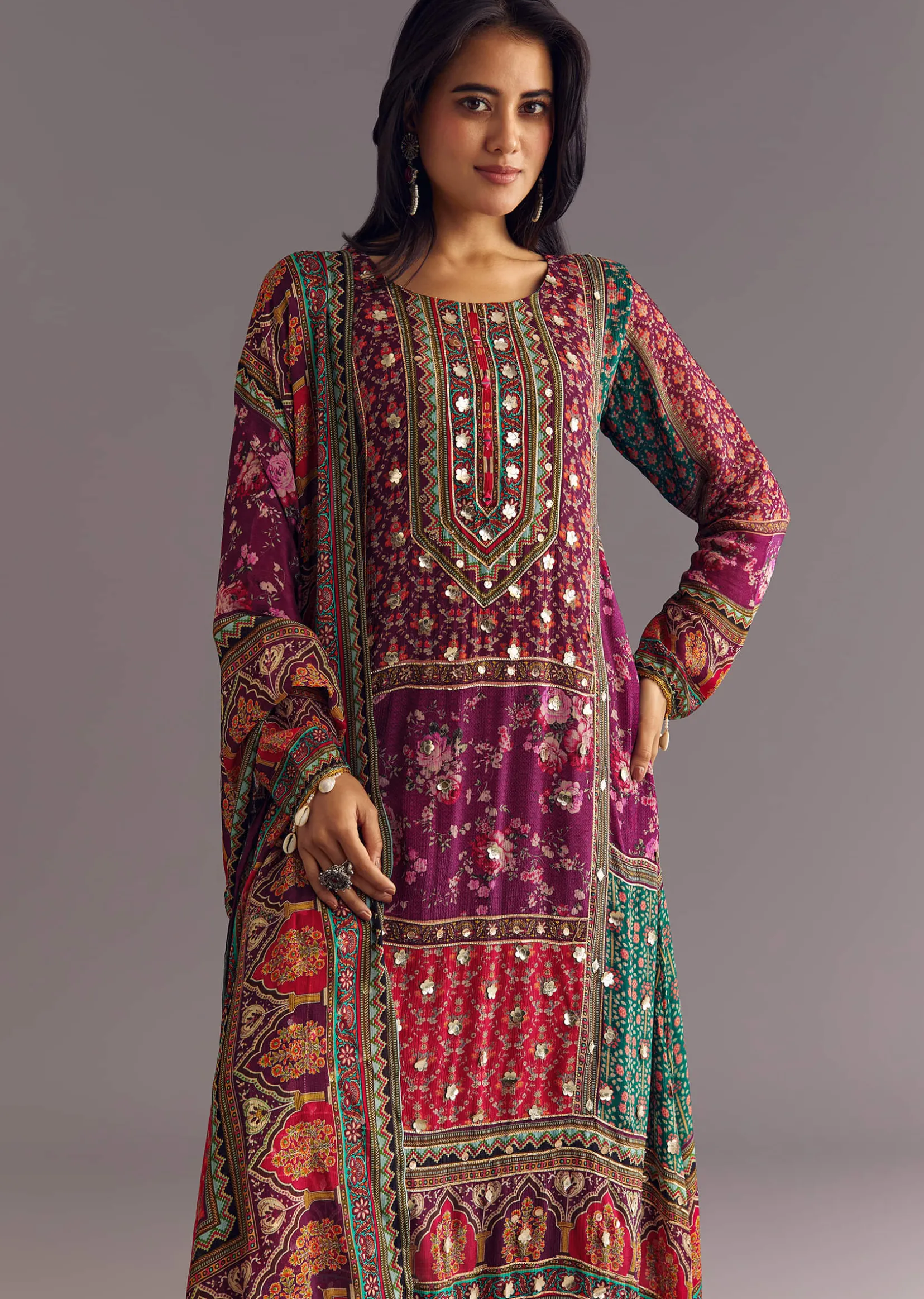 Purple Wine Floral Chinon Kurta Set With Gotta Lace Dupatta