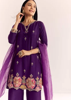 Purple Zardosi Work Dola Silk Kurta With Organza Dupatta