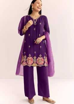 Purple Zardosi Work Dola Silk Kurta With Organza Dupatta