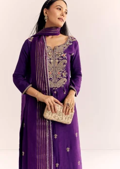 Purple Zardosi Work Dola Silk Kurta Set With Organza Dupatta