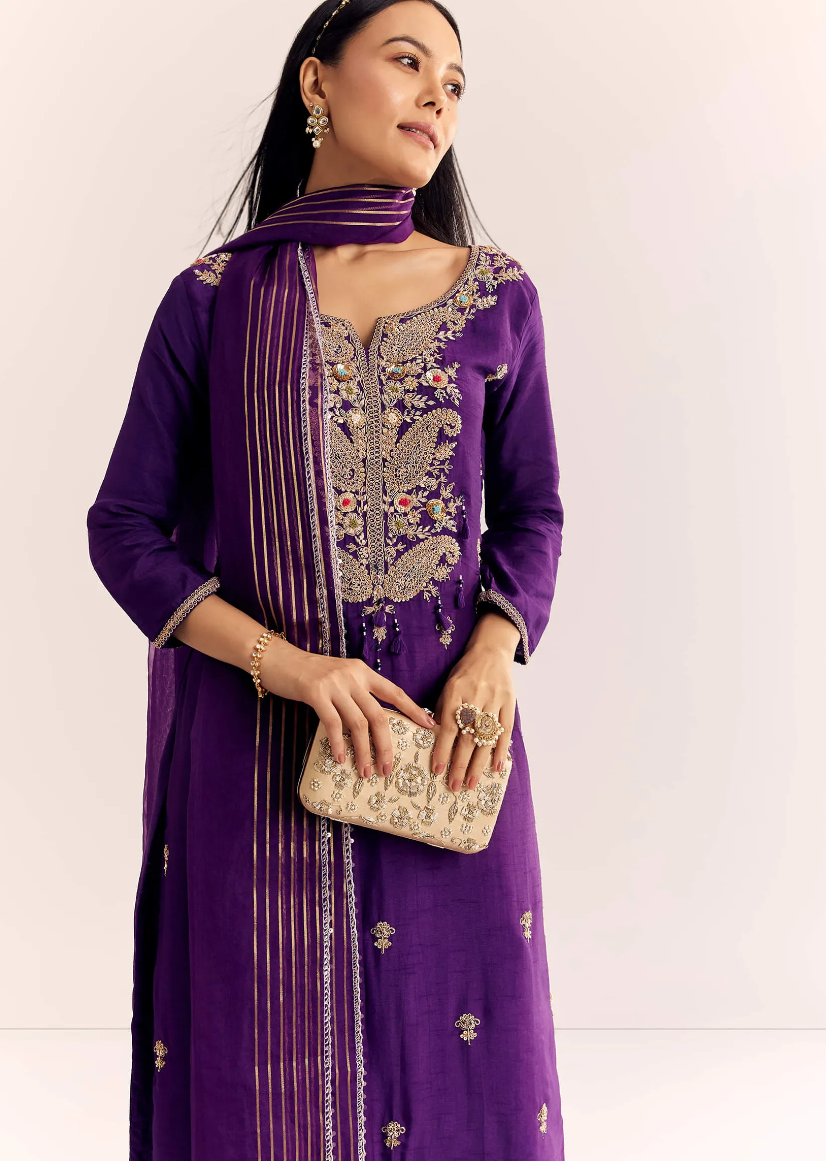 Purple Zardosi Work Dola Silk Kurta Set With Organza Dupatta